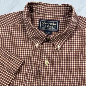 Y2K Abercrombie & Fitch  Men's L Distressed Hem SS Button Down Shirt Red Plaid‎